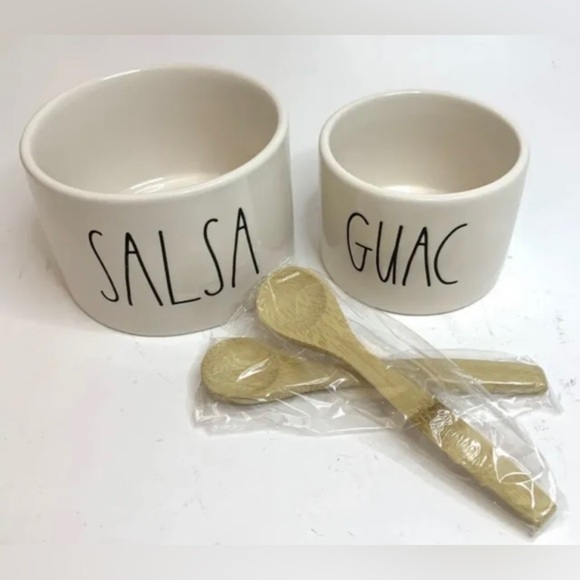 NEW Rae Dunn Salsa & Guac Dip Ceramic Serving Bowls with Wooden Spoons. - Picture 3 of 10